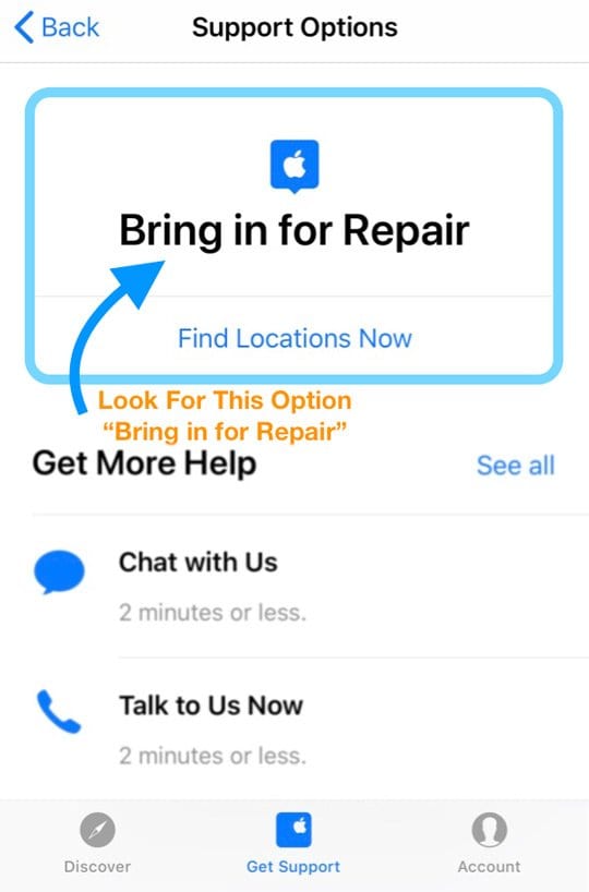 Apple Support App Bring in for Repair