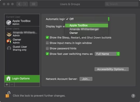 macOS users Groups Login options Automatic Login 540x393 1 - Guide to Disable the Login Password on Mac macOS users Groups Login options Automatic Login 540x393 1