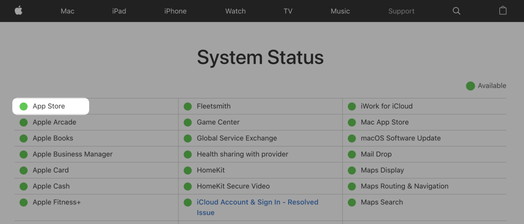 Apple System Status - iPhone App Store Get button does nothing (app not downloading) Apple System Status