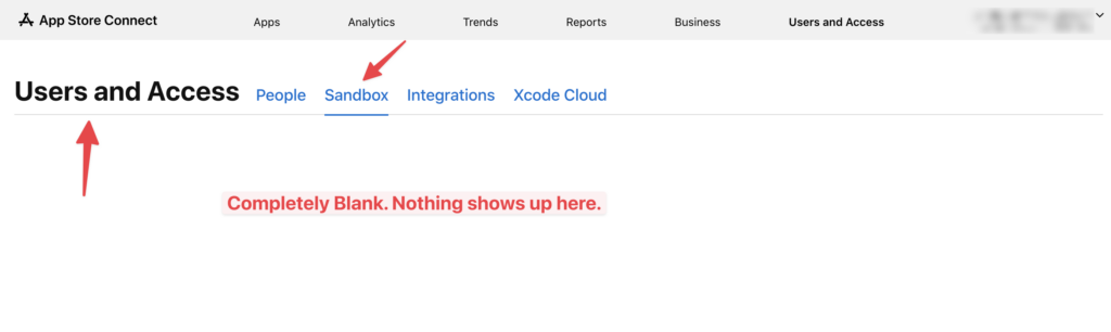 Sandbox Page Empty App Store Connect 1