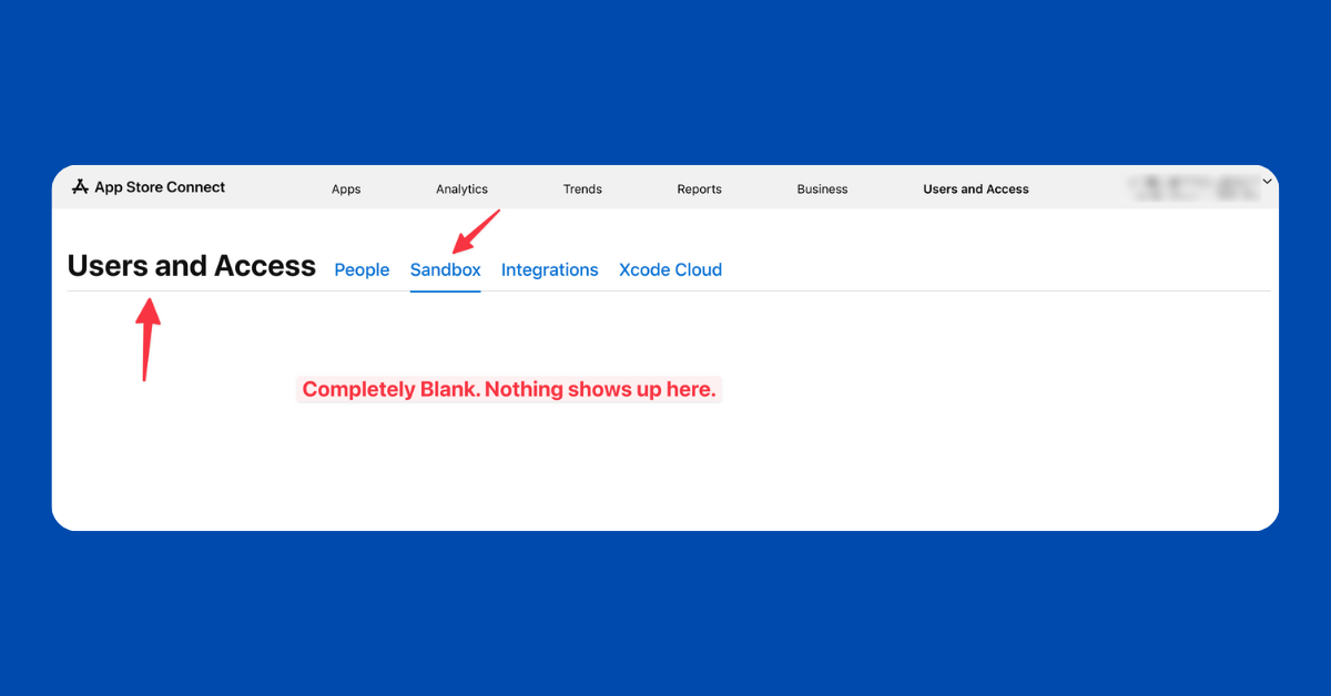 Sandbox Page Empty App Store Connect